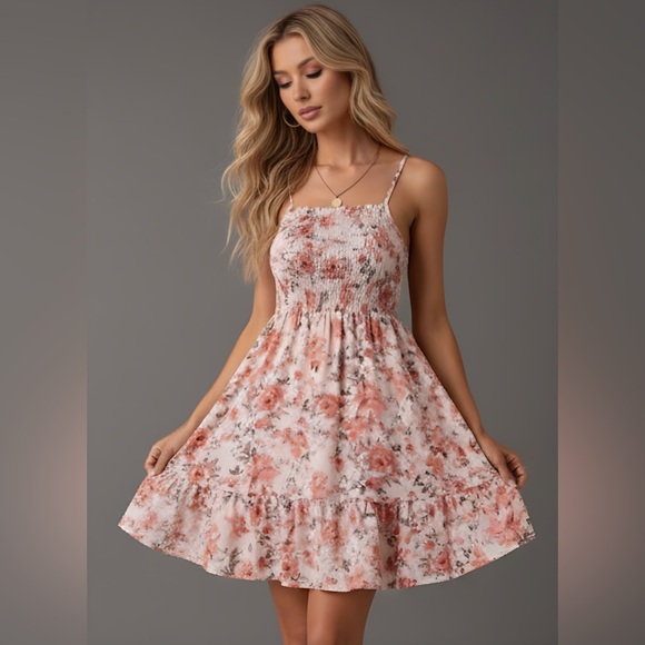 Floral Print Ruffle Hem Shirred Cami Dress - Picture 1 of 8